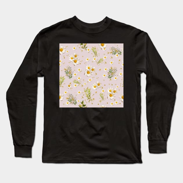 White Daisies Field Pattern Flowers Gerber Floral Pink Long Sleeve T-Shirt by DMRStudio